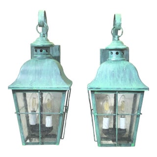 Pair of Verdigris Finish Steel Outdoor Wall Sconces - Seeded Glass 18”x 8”x 9” For Sale