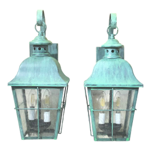 Pair of Verdigris Finish Steel Outdoor Wall Sconces - Seeded Glass 18”x 8”x 9”