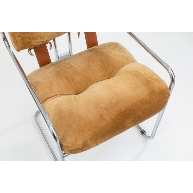 Guido Faleschini for I4 Mariani Set of 4 Vintage Tan Suede Fabric Tucroma Chairs For Sale - Image 10 of 13