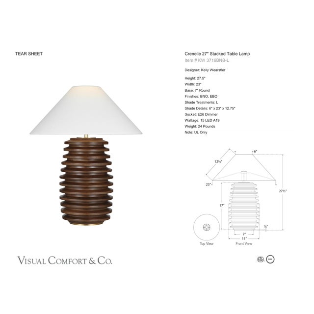 Kelly Wearstler by Visual Comfort Signature Crenelle 27" Stacked Table Lamp in Burnished Birch with Linen Shade Designer:...
