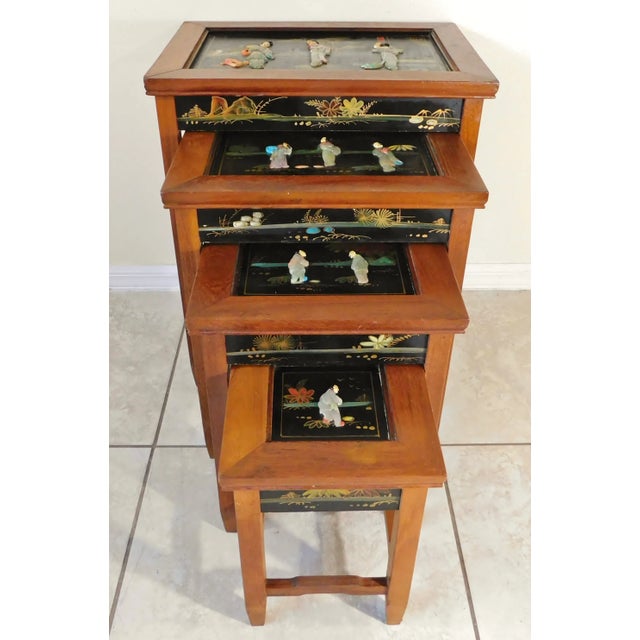 Chinese Vintage Chinese Asian Oriental Solid Wood Hand Carved Soapstone Figural Nesting Tables - Set of 4 For Sale - Image 3 of 13
