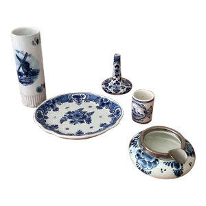 Mid 20th Century Delft Blue Pottery - Earthenware, Porcelain Collection- 5 Pieces