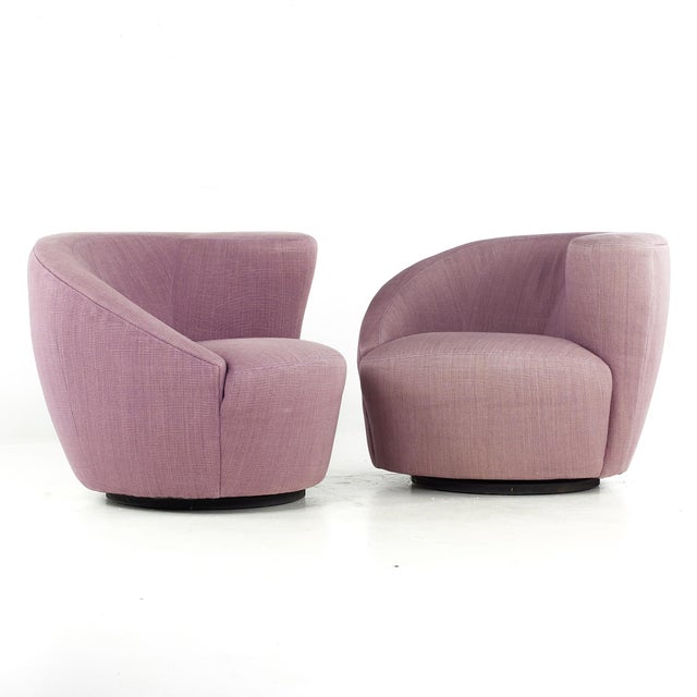 Vladimir Kagan Style Mid Century Nautilus Purple Swivel Lounge Chairs - Pair Each chair measures: 35 wide x 34 deep x 28...