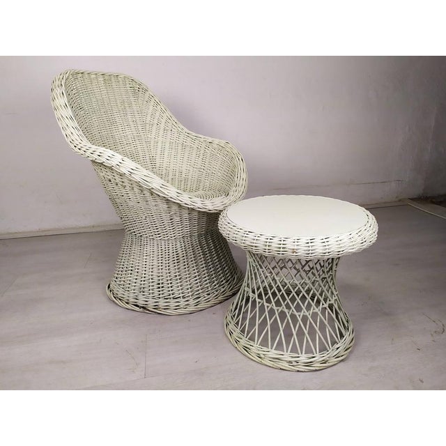 Set of Vintage White Rattan Armchair and Table For Sale - Image 3 of 18