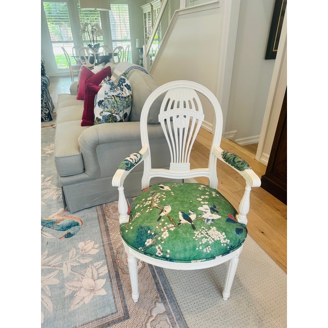 Wood 20th-Century Louis XVI Style Neoclassical Armchairs, Newly Reimagined – Thibaut Katsura in Emerald For Sale - Image 7 of 12