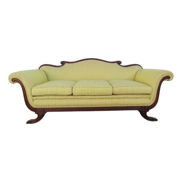 Duncan Phyfe 1940s Mahogany Hand Carved Tapestry Sofa Couch 5857 For Sale