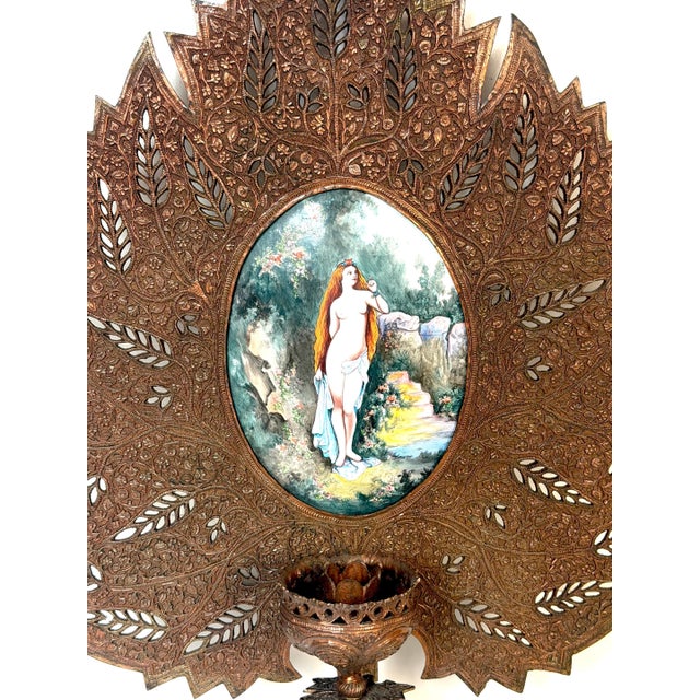 Pair Orientalist Bronze Palmette Candle Sconces Limoges Enamel Bather Plaques For Sale - Image 12 of 15