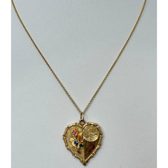Vintage 14 Kt Y Gold Heart Happy Birthday Pendant + Emerald + Sapphire + Chain For Sale In New York - Image 6 of 18