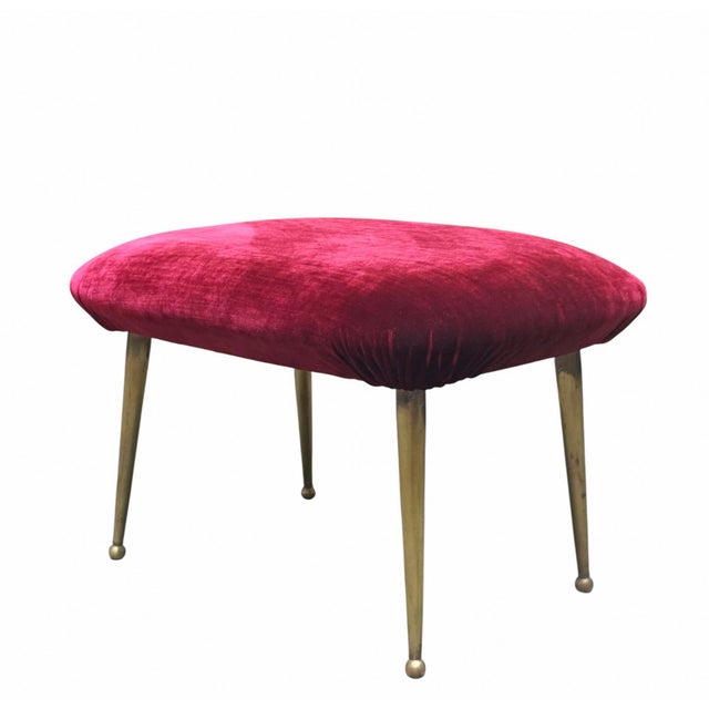 Red Fabric Stool with Brass Legs, Italy, 1950s For Sale - Image 6 of 6