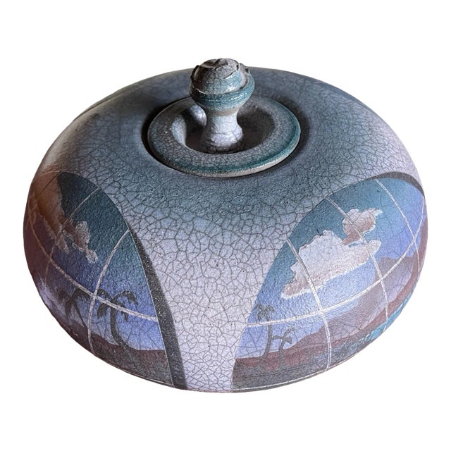 Gorgeous Ken Jensen 1998 Signed Landscape Scene Raku Studio Art Pottery Covered Vessel For Sale