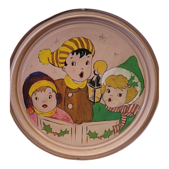 Christmas Carolers Hand Painting Masterpiece 1940s Trench Art Military Drum Lid Folk Art For Sale