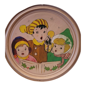 Christmas Carolers Hand Painting Masterpiece 1940s Trench Art Military Drum Lid Folk Art