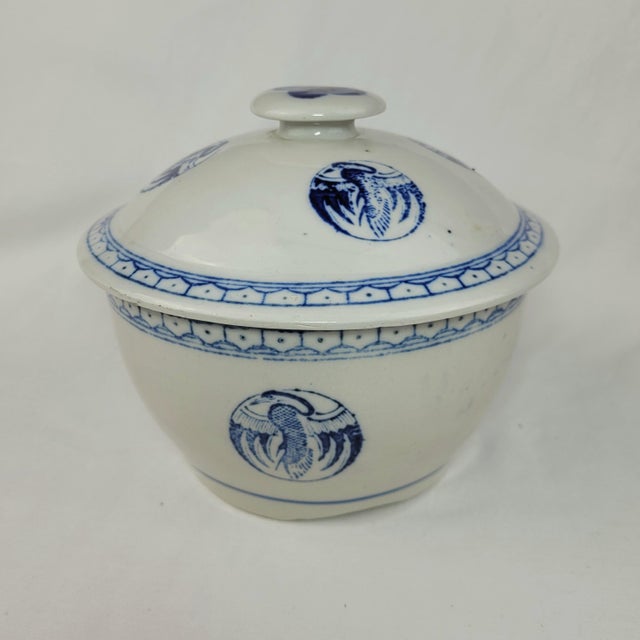 Chinoiserie Vintage Blue and White Ceramic Lidded Bowl Crane Medallion Chinoiserie China For Sale - Image 3 of 13
