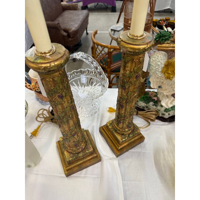 Art Deco Pair of Vintage Fredrick Cooper Large Floral Column Table Lamps Rare Signed For Sale - Image 3 of 7