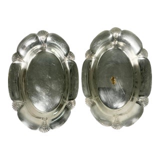 Early 20th C Antique English Art Deco Fan Motif Oval Silverplate Serving Bowls - A Pair. For Sale