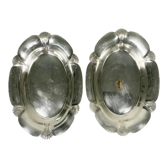 Early 20th C Antique English Art Deco Fan Motif Oval Silverplate Serving Bowls - A Pair For Sale
