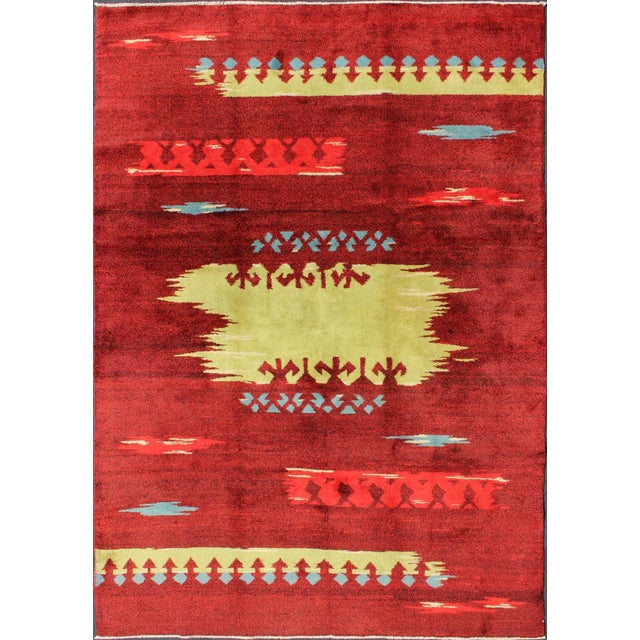 Modern Abstract Rug in Maroon, Barn Red, Carmine, Crimson and Lime Green For Sale - Image 11 of 11