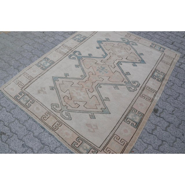 Geometric Vintage Natural Oushak Carpet For Sale - Image 6 of 11