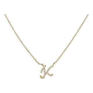 10K Yellow Gold Diamond Accent "K" Initial Script Style Pendant Necklace For Sale
