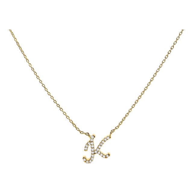 10K Yellow Gold Diamond Accent "K" Initial Script Style Pendant Necklace For Sale