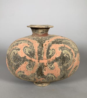 Polychrome earthenware cocoon vase, Early Han Dynasty (206 BC - 220 AD). Ancient China