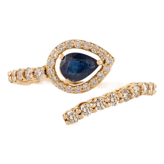 14k Yellow Gold Pear-Shape Blue Sapphire & Diamond Bypass Ring Size 6.5 For Sale