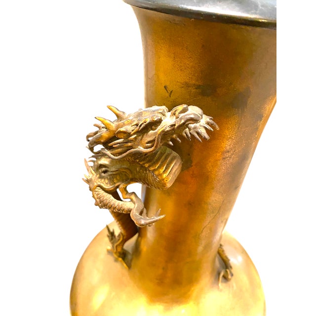 Antique Japanese Bronze High Relief Dragon Lamp Large 36" Meiji Period With Engraved Base For Sale - Image 9 of 18