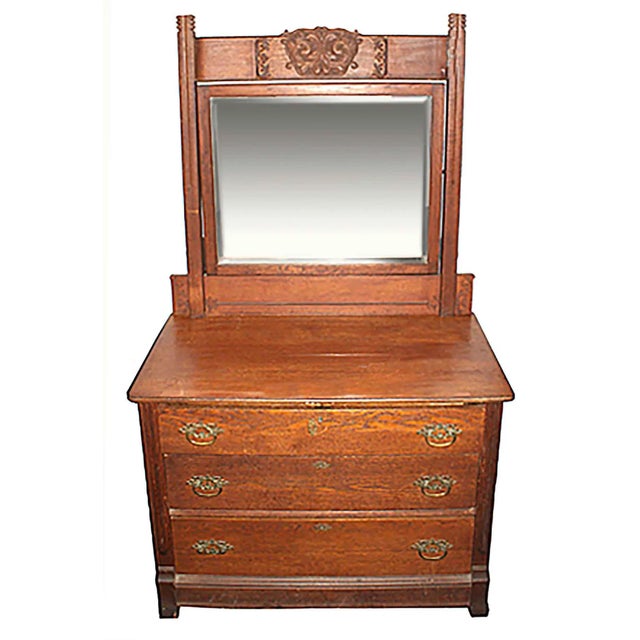 Oak Bureau With Beveled Glass Mirror For Sale - Image 4 of 5