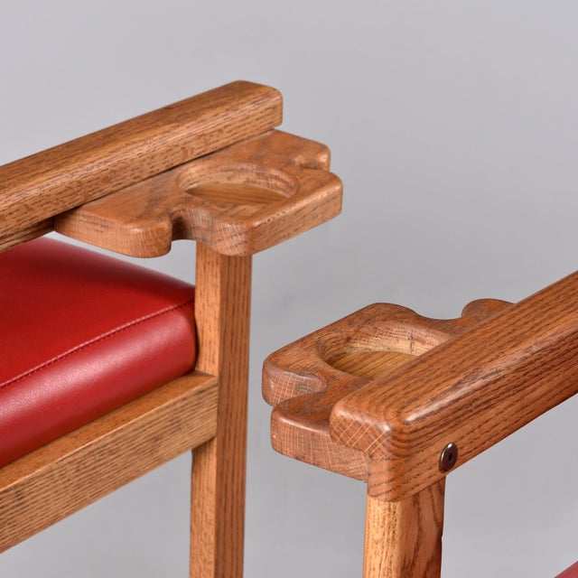Red Leather and Oak Billiard Barstools With Cupholders, Restored For Sale - Image 10 of 12