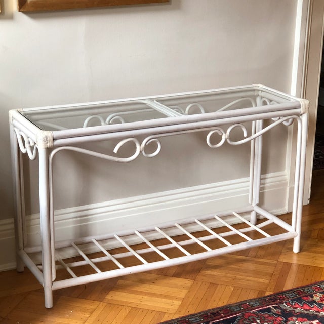 Vintage Palm Beach Regency Glass Top Rattan Console Table For Sale - Image 10 of 12