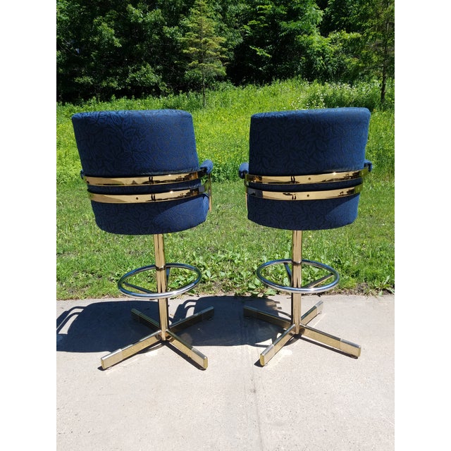 Milo Baughman Mid-Century Modern Milo Baughman Brass Frame Swivel Base Bar Stools - a Pair For Sale - Image 4 of 13