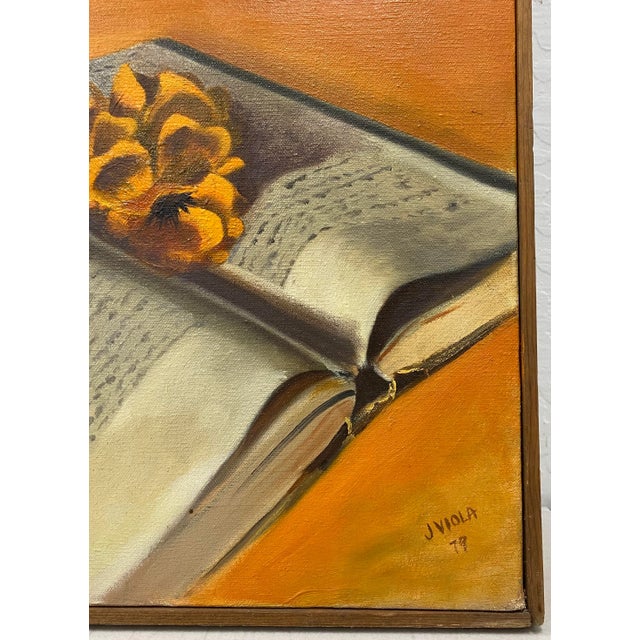 Impressionist Vintage Still Life Oil Painting With Dried Flowers in a Green Vase by J. Viola C.1979 For Sale - Image 3 of 13