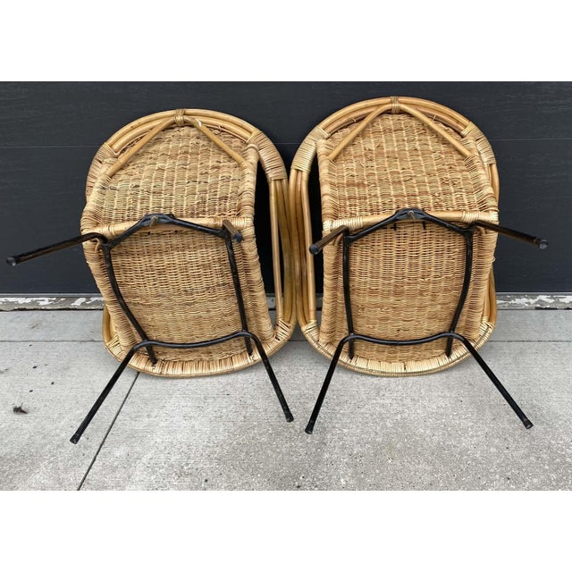Wood Mid-Century Modern Rattan & Wrought Iron Basket Hoop Chairs (Pair) For Sale - Image 7 of 15