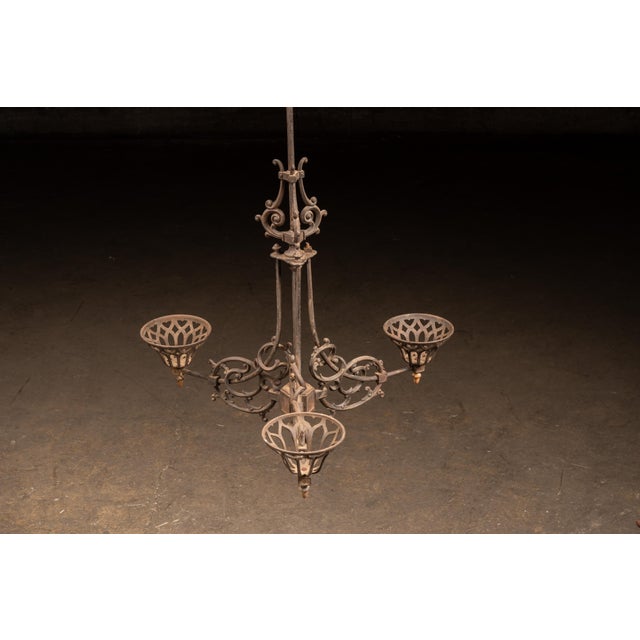 Antique Cast Iron Gothic Revival Three-Light Chandelier For Sale In Chicago - Image 6 of 12