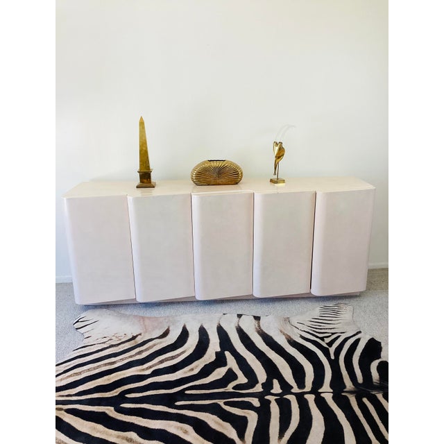 Vintage 1980s Credenza Cabinet post modern design 5 sculpted wave shaped doors interior features multiple adjustable...