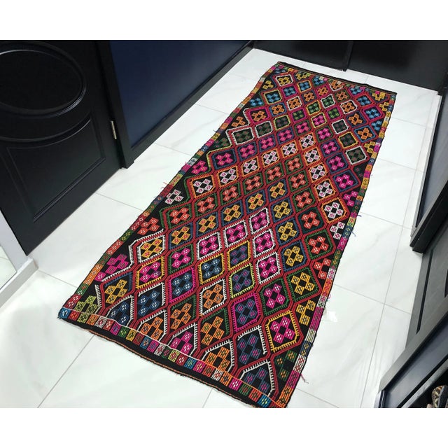 Boho Chic 1960s Vintage Colorful Patterned Rug- 3′10″ × 9′8″ For Sale - Image 3 of 11