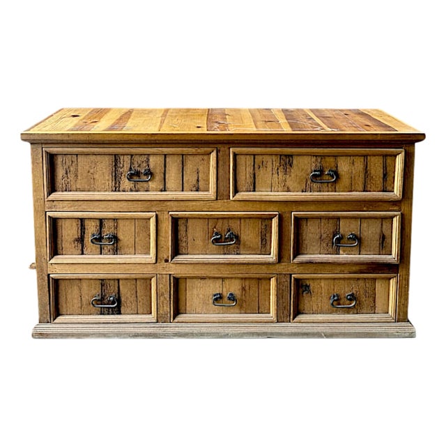 Mexican Rustic Santa Fe Style Planked Ponderosa Pine Low Boy Chest of 8 Drawers Drawers For Sale