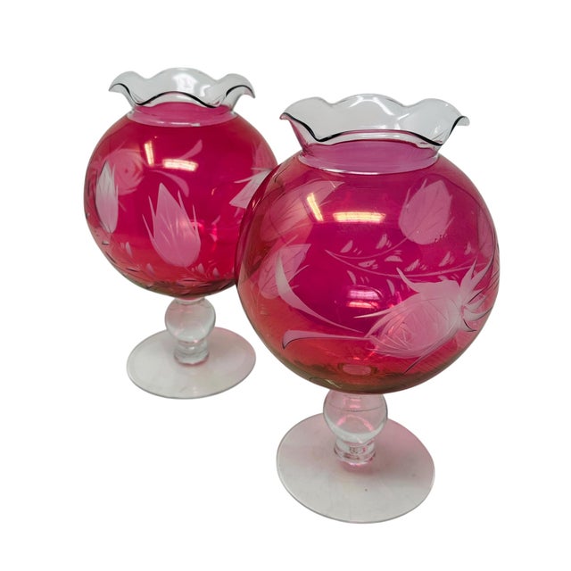 Set of 2 Grand 8" Princess House "Heritage" Cranberry Glass Rose Bowls - Circa 1974 For Sale - Image 9 of 11