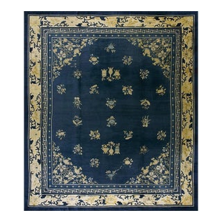 1890s Blue Field Classic Greek Key Antique Chinese Peking Rug 13' 9'' X15' 3'' For Sale