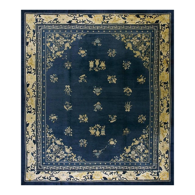 1890s Blue Field Classic Greek Key Antique Chinese Peking Rug 13' 9'' X15' 3'' For Sale