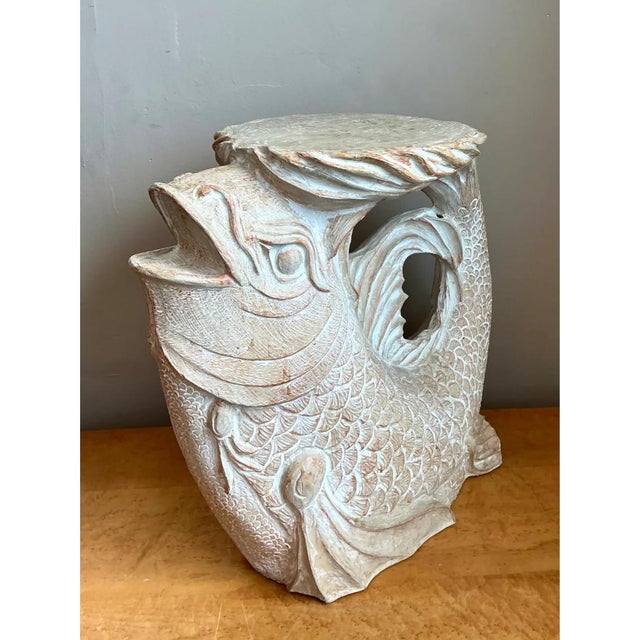 Ceramic Vintage Washed Ceramic Koi Low Stool For Sale - Image 7 of 12