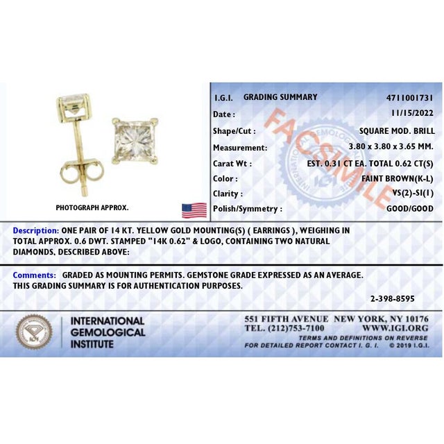 Haus of Brilliance 14K Yellow Gold 5/8 Cttw Princess Natural Brown Color Diamond 4-Prong Stud Earrings (Brown Color, VS2-SI1 Clarity) For Sale - Image 4 of 6