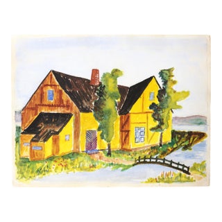 Mid-Century Swedish Folk Art Original Watercolor Painting of a Traditional Half-Timbered House For Sale