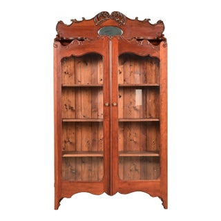 Antique Victorian Carved Cherry Wood Two-Door Bookcase Cabinet, Circa 1880s For Sale