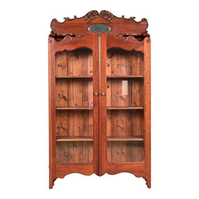 Antique Victorian Carved Cherry Wood Two-Door Bookcase Cabinet, Circa 1880s For Sale