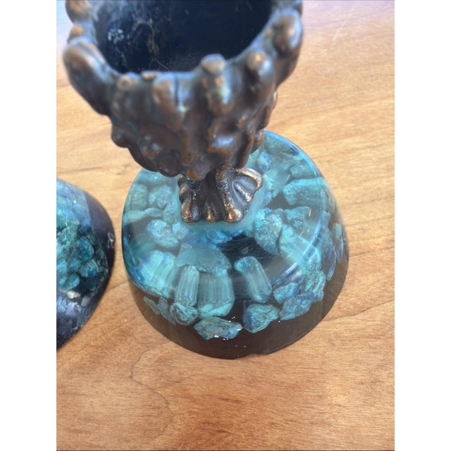 Vintage MCM Resin Malachite Chip Candlestick Holders w Metal Candle Cups  Pair For Sale - Image 4 of 6