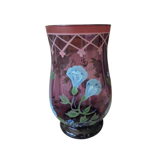 Vintage Hand Painted Purple Glass Hurricanes- A Pair For Sale In Charlotte - Image 6 of 17