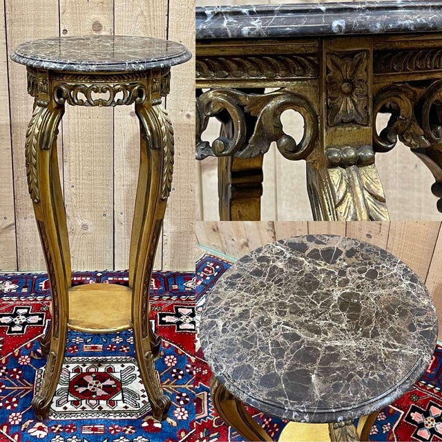 Bolster in gilded wood and marble top - made in the 70s - Diam=37.5cm, H=80cm.