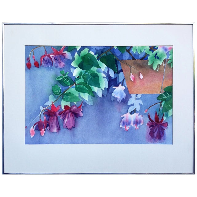 Beautiful still-life painting of fuchsias in a hanging basket by Rose Sloan (American, b.1941). Signed and dated "Rose...