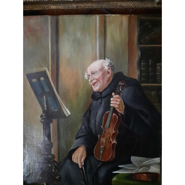 Antique German Monk Violinist Oil Painting Signed Max Scholz For Sale - Image 4 of 6